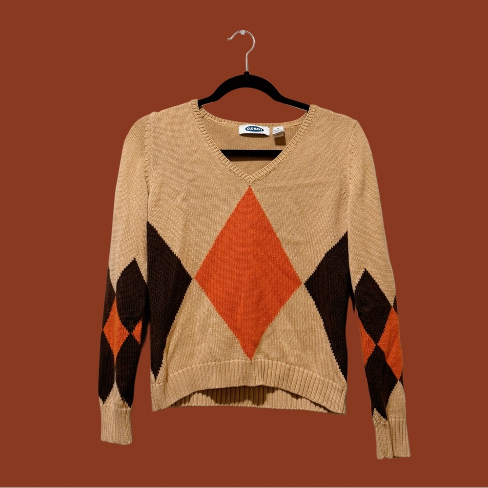 Old Navy V-Neck Argyle Sweater - Beige and Orange